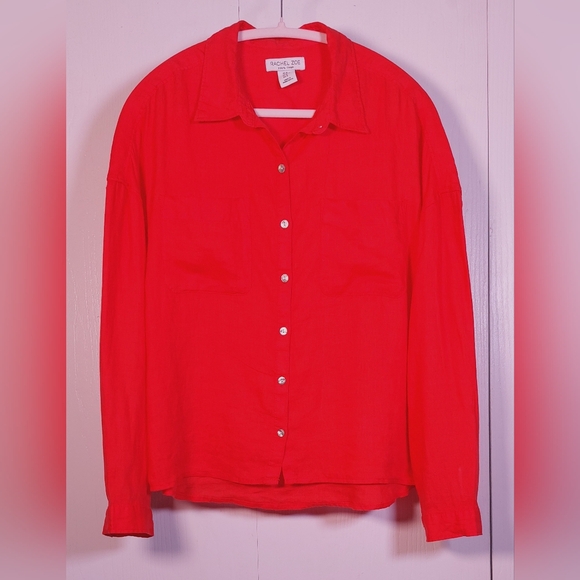 Rachel Zoe 100% Linen Button Front Size Medium Long Sleeve Red Orange Boho Basic - Picture 4 of 13